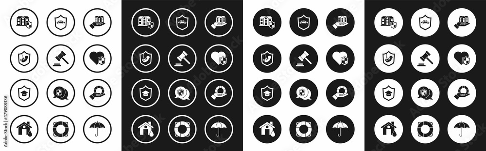 Set House in hand, Judge gavel, Life insurance with shield, Car, Lifebuoy and Graduation cap icon. Vector