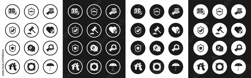 Set House in hand, Judge gavel, Life insurance with shield, Car, Lifebuoy and Graduation cap icon. Vector Set House in hand, Judge gavel, Life insurance with shield, Car, Lifebuoy and Graduation cap icon. Vector