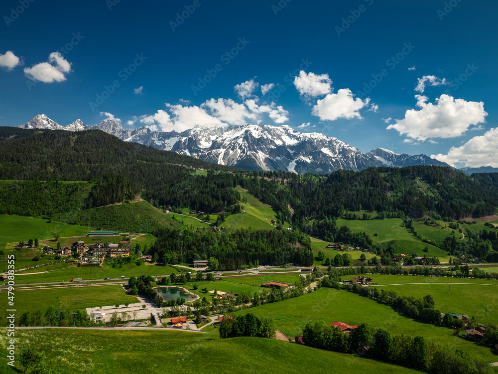 Panoramic view from Pichl bei Schladming on the Dachstein massif