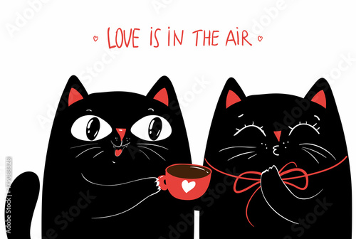 Romantic greeting card with kawaii black cats and red cup with heart. Cute apparel print design