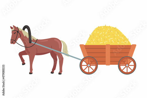 a horse carries a cart with hay. transportation of goods in the village. flat vector illustration.