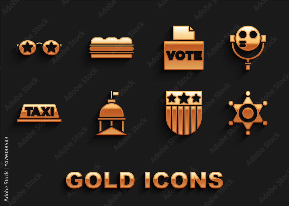 Set White House, Tourist binoculars, Hexagram sheriff, Shield with stars, Taxi car roof, Vote box, Glasses and Sandwich icon. Vector Set White House, Tourist binoculars, Hexagram sheriff, Shield with stars, Taxi car roof, Vote box, Glasses and Sandwich icon. Vector
