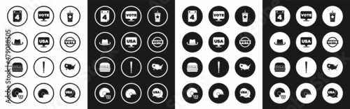 Set Paper glass with straw, USA Independence day, Western cowboy hat, Calendar date July 4, Vote, map and Burger icon. Vector