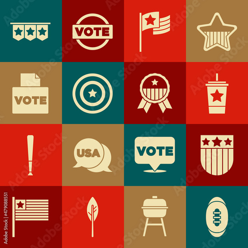 Set American Football ball, Shield with stars, Paper glass straw, flag, shield, Vote box, Carnival garland flags and Medal icon. Vector