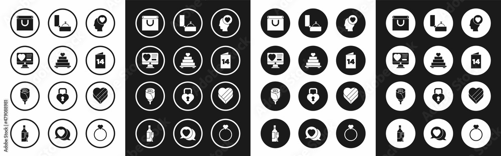 Set Head with heart, Wedding cake, Dating app online, Shopping bag, Greeting card, Diamond engagement ring, Candy shaped box and Flower rose icon. Vector Set Head with heart, Wedding cake, Dating app online, Shopping bag, Greeting card, Diamond engagement ring, Candy shaped box and Flower rose icon. Vector
