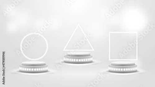 Set of white podiums with shine geometric frames. Podium with circle, triangular and square white led frames