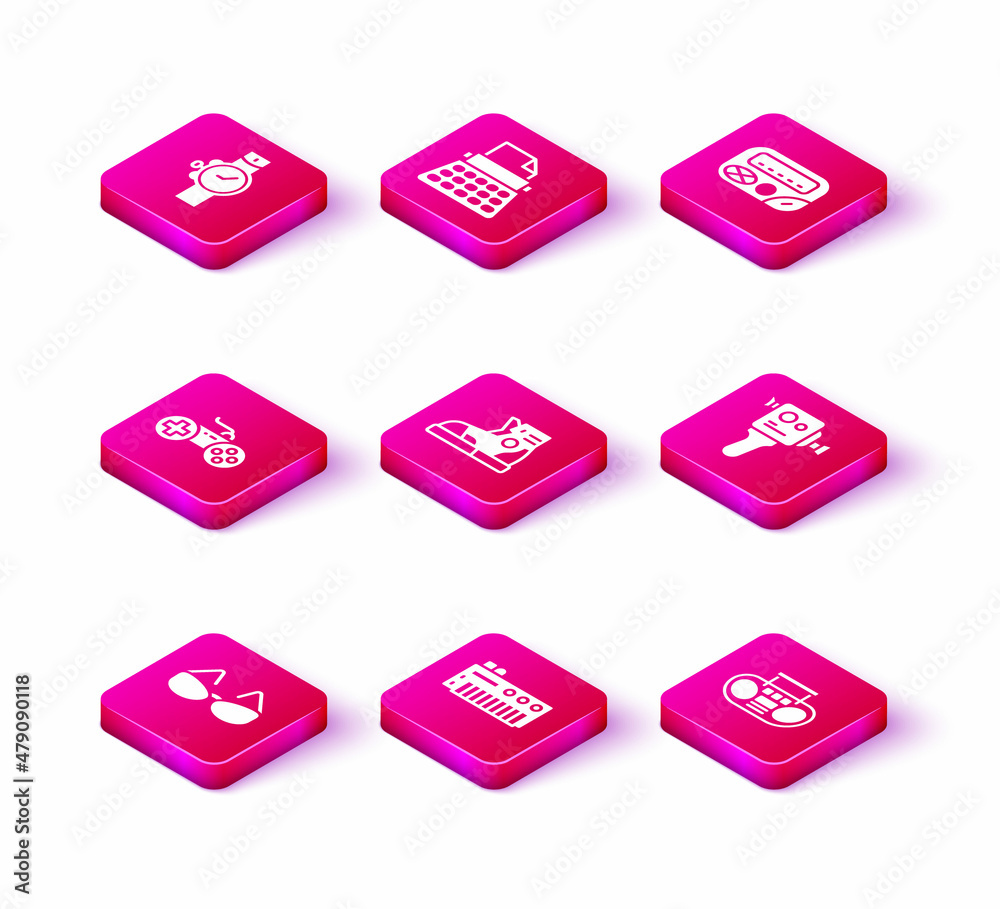 Set Glasses, Music synthesizer, Gamepad, Sport sneakers, Home stereo with two speakers, Retro cinema camera, Pager and typewriter icon. Vector Set Glasses, Music synthesizer, Gamepad, Sport sneakers, Home stereo with two speakers, Retro cinema camera, Pager and typewriter icon. Vector