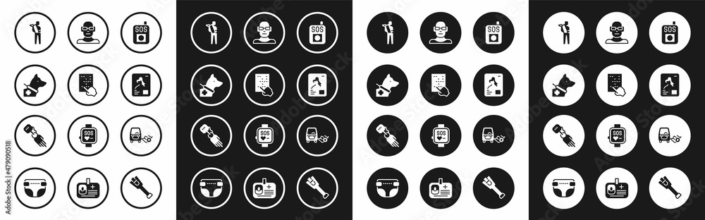 Set Press the SOS button, Braille, Guide dog, Human broken arm, X-ray shots, Poor eyesight, Disabled car and Prosthesis hand icon. Vector