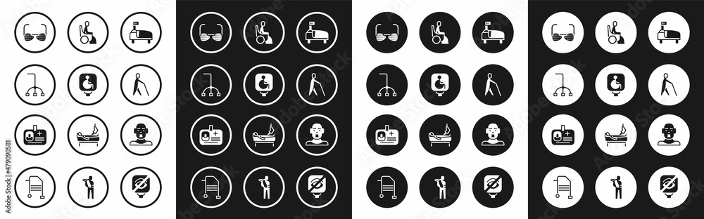 Set Hospital bed, Disabled wheelchair, Walking stick cane, Blind glasses, human holding, Woman, Head of deaf and dumb and Identification badge icon. Vector