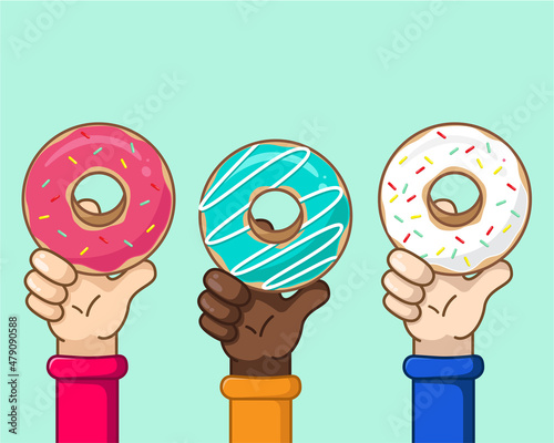 Hands from different countries holding sweet and delicious donuts