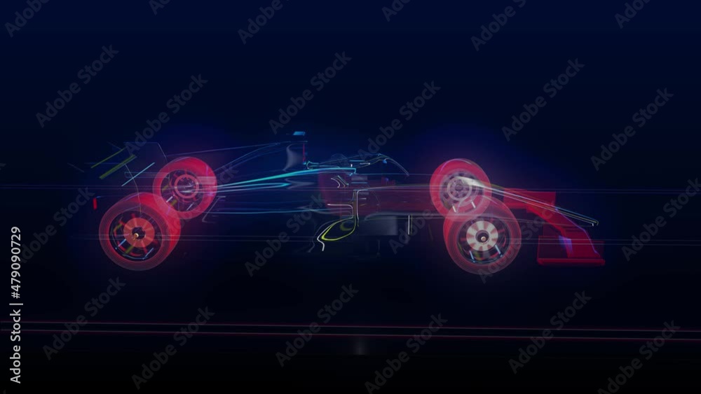 Formula 1 car outline driving fast on an infinite road. Racing car animation with glowing clear interior. Holographic animation of Formula 1 car