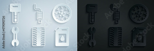 Set Car tire wheel, Alloy, Wrench spanner, Canister for motor oil, muffler and key with remote icon. Vector