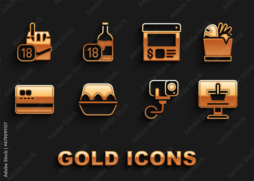 Set Chicken egg in box, Shopping bag and food, cart on computer, Security camera, Credit card, Online ordering delivery, Cigarettes pack and Wine bottle icon. Vector Set Chicken egg in box, Shopping bag and food, cart on computer, Security camera, Credit card, Online ordering delivery, Cigarettes pack and Wine bottle icon. Vector