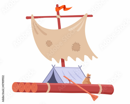 homemade wooden raft with tent and sail. flat vector illustration.