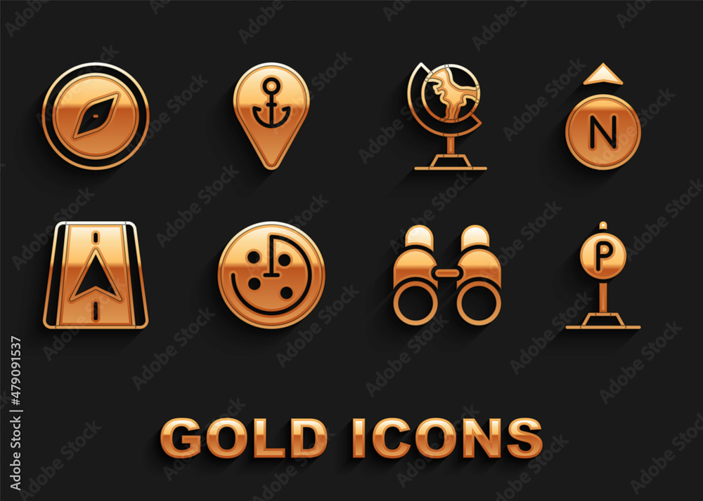 Set Radar with targets on monitor, Compass, Parking, Binoculars, City map navigation, Earth globe, and Location anchor icon. Vector Set Radar with targets on monitor, Compass, Parking, Binoculars, City map navigation, Earth globe, and Location anchor icon. Vector