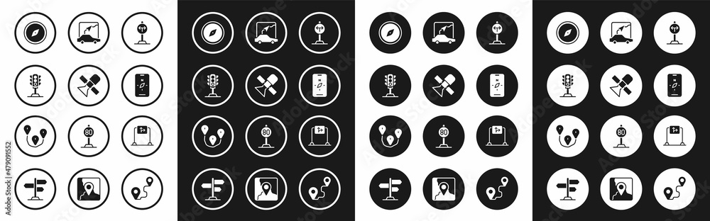 Set Fork in the road, Satellite, Traffic light, Compass, on mobile, City map navigation, Road traffic sign and Route location icon. Vector