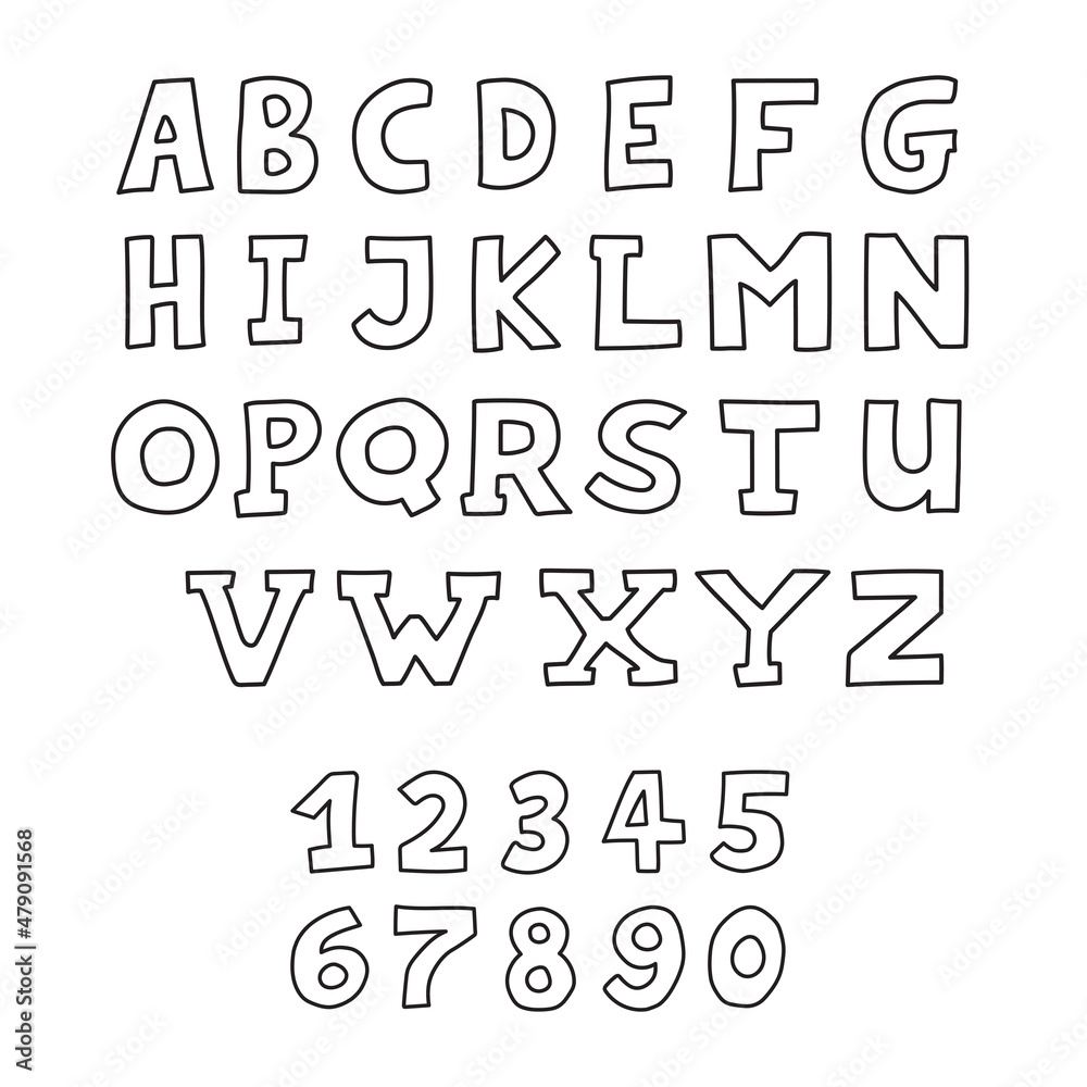 Hand drawn childish and cartoon alphabet and numbers in doodle style isolated Hand drawn childish and cartoon alphabet and numbers in doodle style isolated