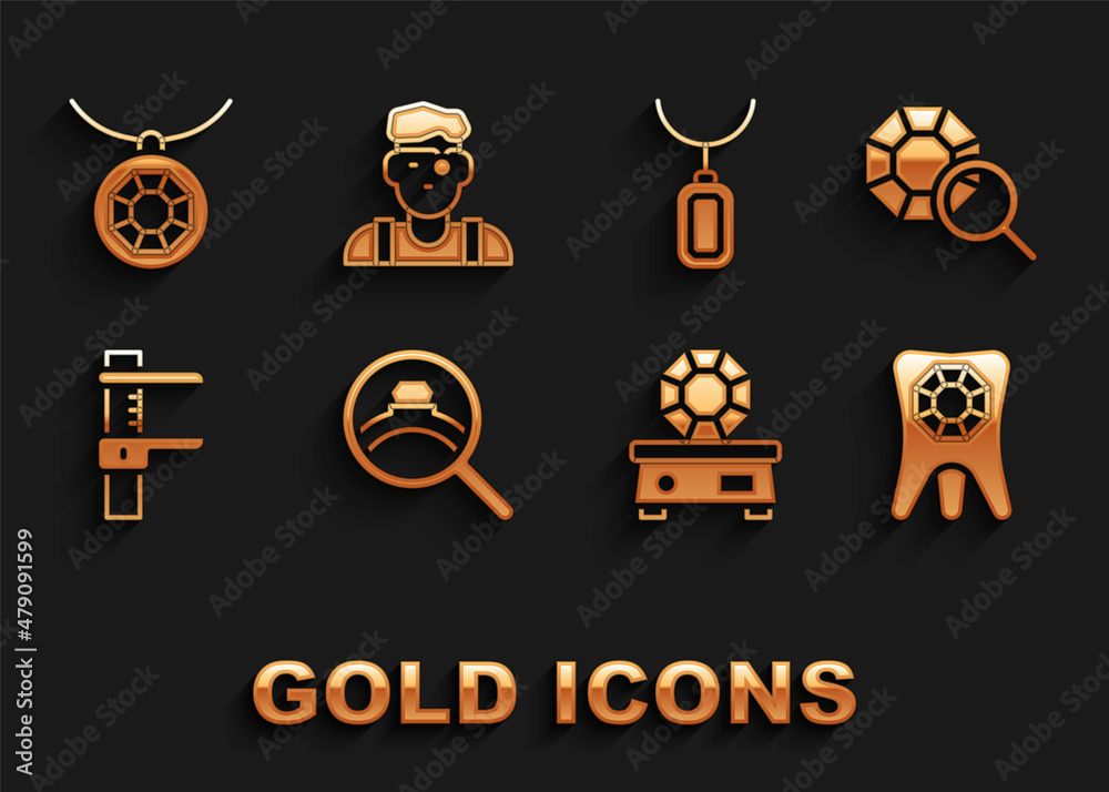 Set Diamond engagement ring, Gem stone, Tooth with diamond, Calliper or caliper and scale, Pendant necklace, and Jeweler man icon. Vector Set Diamond engagement ring, Gem stone, Tooth with diamond, Calliper or caliper and scale, Pendant necklace, and Jeweler man icon. Vector