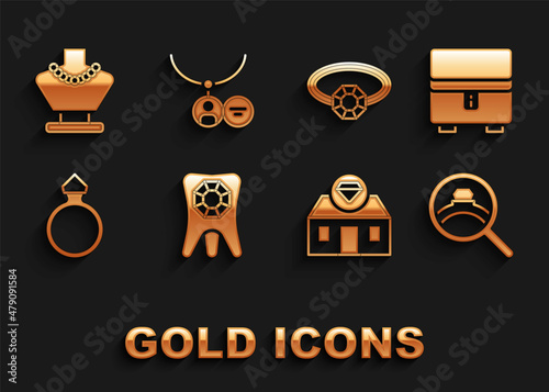 Set Tooth with diamond, Jewelry box, Diamond engagement ring, store, Necklace mannequin and Locket necklace icon. Vector