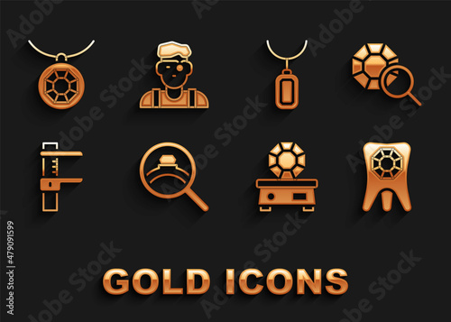 Set Diamond engagement ring, Gem stone, Tooth with diamond, Calliper or caliper and scale, Pendant necklace, and Jeweler man icon. Vector
