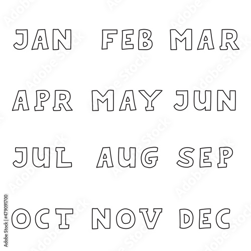 Hand drawn month names in abbreviated form in doodle style isolated