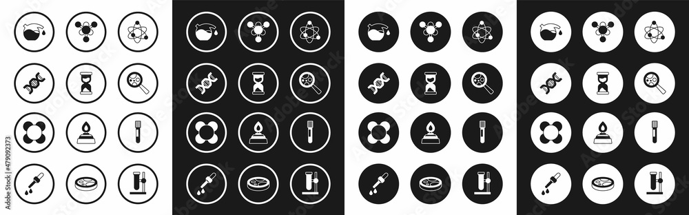 Set Atom, Old hourglass, DNA symbol, Test tube, Microorganisms under magnifier, Molecule, and icon. Vector Set Atom, Old hourglass, DNA symbol, Test tube, Microorganisms under magnifier, Molecule, and icon. Vector