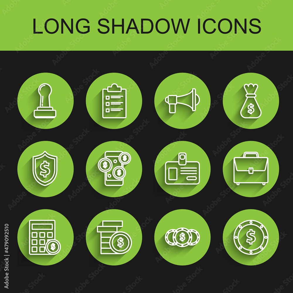 Set line Calculator with dollar symbol, Coin money, Stamp, Smartphone, Briefcase and Identification badge icon. Vector Set line Calculator with dollar symbol, Coin money, Stamp, Smartphone, Briefcase and Identification badge icon. Vector