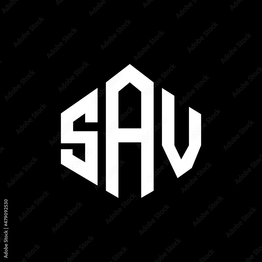 SAV letter logo design with polygon shape. SAV polygon and cube shape logo design. SAV hexagon vector logo template white and black colors. SAV monogram, business and real estate logo.