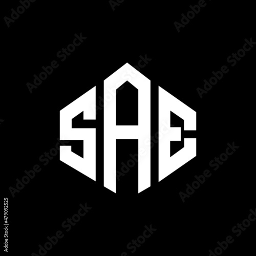 SAE letter logo design with polygon shape. SAE polygon and cube shape logo design. SAE hexagon vector logo template white and black colors. SAE monogram, business and real estate logo.