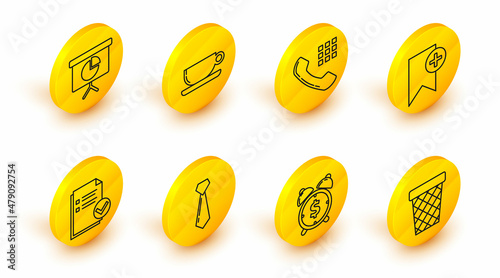 Set line Trash can, Tie, Document and check mark, Bookmark, Telephone handset, Coffee cup flat and Presentation financial board graph, schedule, chart, diagram, infographic, pie graph icon. Vector