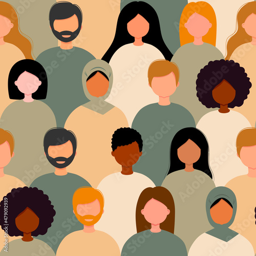 Humans of different gender, ethnicity, and skin color seamless pattern. Multinational community vector flat Illustration.