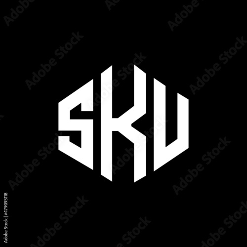 SKU letter logo design with polygon shape. SKU polygon and cube shape logo design. SKU hexagon vector logo template white and black colors. SKU monogram, business and real estate logo.