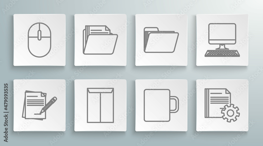 Set line Blank notebook and pencil with eraser, Document folder, Envelope, Coffee cup, settings gears, Computer monitor keyboard and mouse icon. Vector Set line Blank notebook and pencil with eraser, Document folder, Envelope, Coffee cup, settings gears, Computer monitor keyboard and mouse icon. Vector