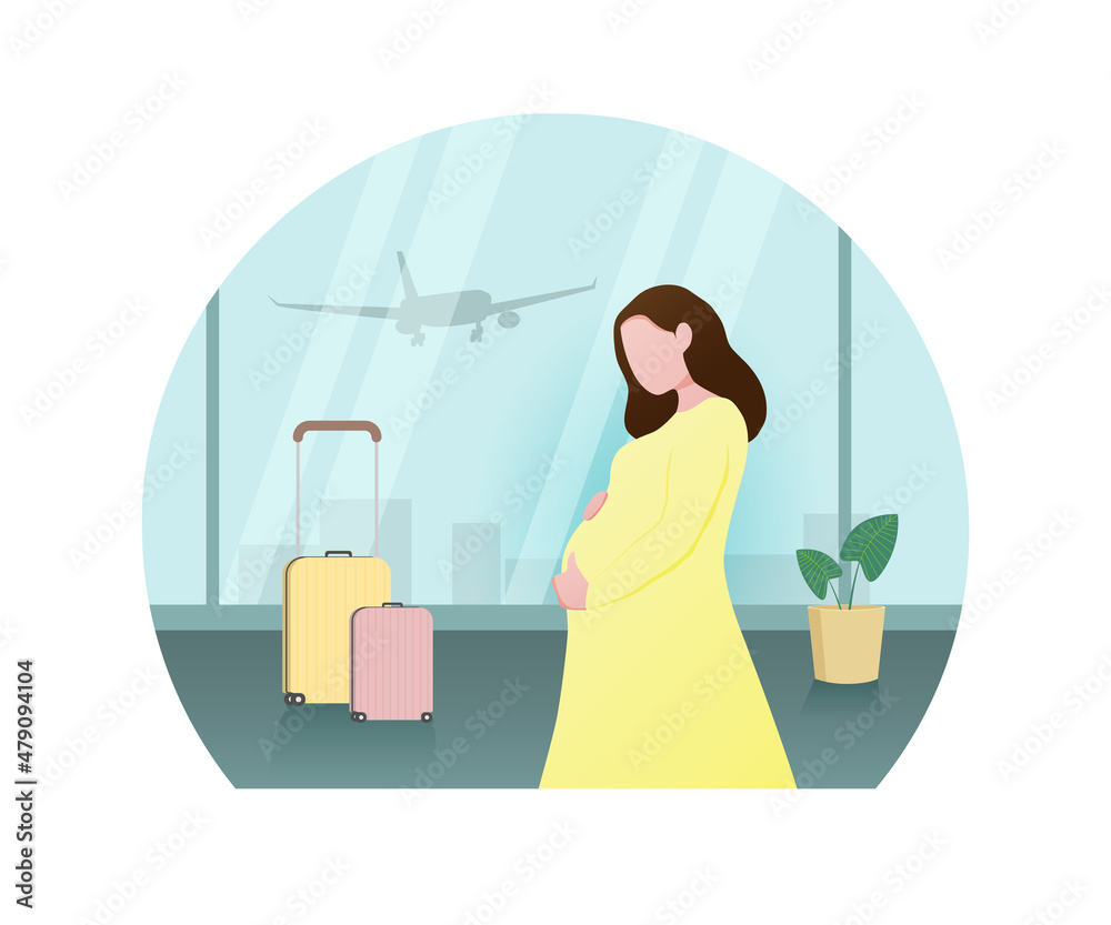 Pregnant woman at the airport, the concept of flight and rest for