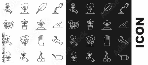 Set line Watering can, Sprout hand of environmental protection, Garden trowel spade or shovel the ground, Leaf, Flowers pot, Farm House concept, Hand holding flower and Plant icon. Vector