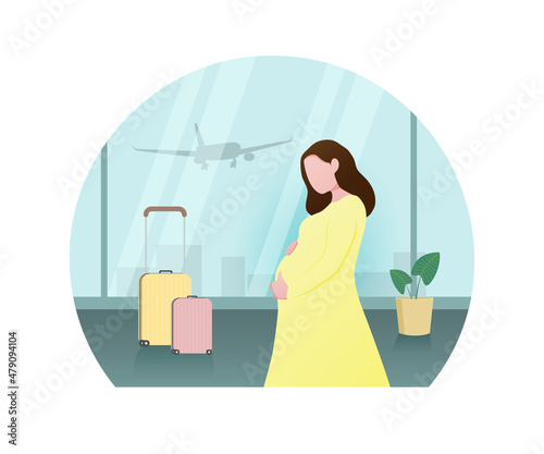 Pregnant woman at the airport, the concept of flight and rest for expectant mothers. Vector illustration in a flat style