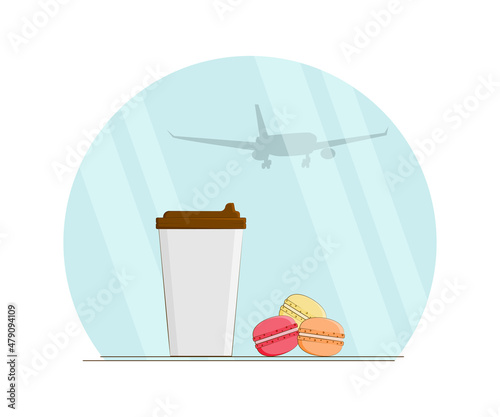 Macaroons with coffee on the background of a window with a silhouette of an airplane, vector illustration in a flat style