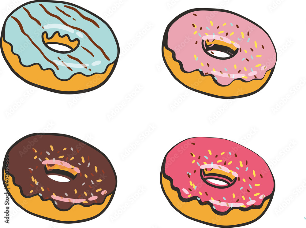 Donuts set isolated on a white background. Cute, colorful and glossy donuts with glaze and powder. Yellow, pink and vanilla glaze. Simple modern design. Realistic vector illustration Donuts set isolated on a white background. Cute, colorful and glossy donuts with glaze and powder. Yellow, pink and vanilla glaze. Simple modern design. Realistic vector illustration