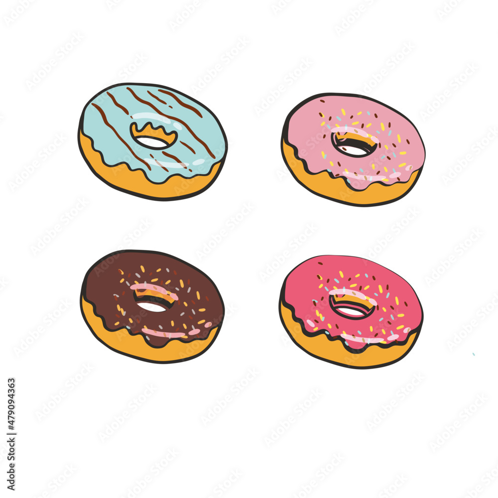 Donuts set isolated on a white background. Cute, colorful and glossy donuts with glaze and powder. Yellow, pink and vanilla glaze. Simple modern design. Realistic vector illustration Donuts set isolated on a white background. Cute, colorful and glossy donuts with glaze and powder. Yellow, pink and vanilla glaze. Simple modern design. Realistic vector illustration