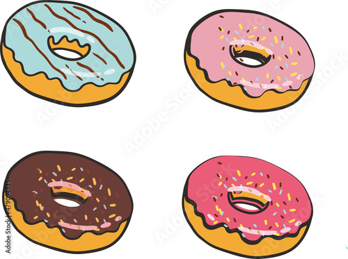 Donuts set isolated on a white background. Cute, colorful and glossy donuts with glaze and powder. Yellow, pink and vanilla glaze. Simple modern design. Realistic vector illustration