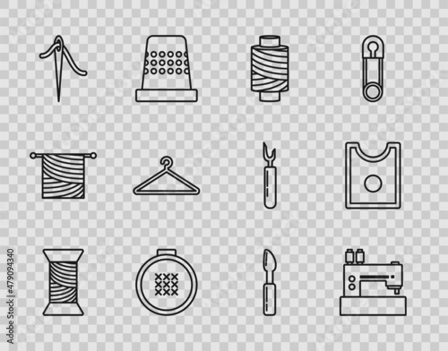 Set line Sewing thread on spool, machine, Round adjustable embroidery hoop, Needle for sewing with, Hanger wardrobe, Cutter tool and Pattern icon. Vector