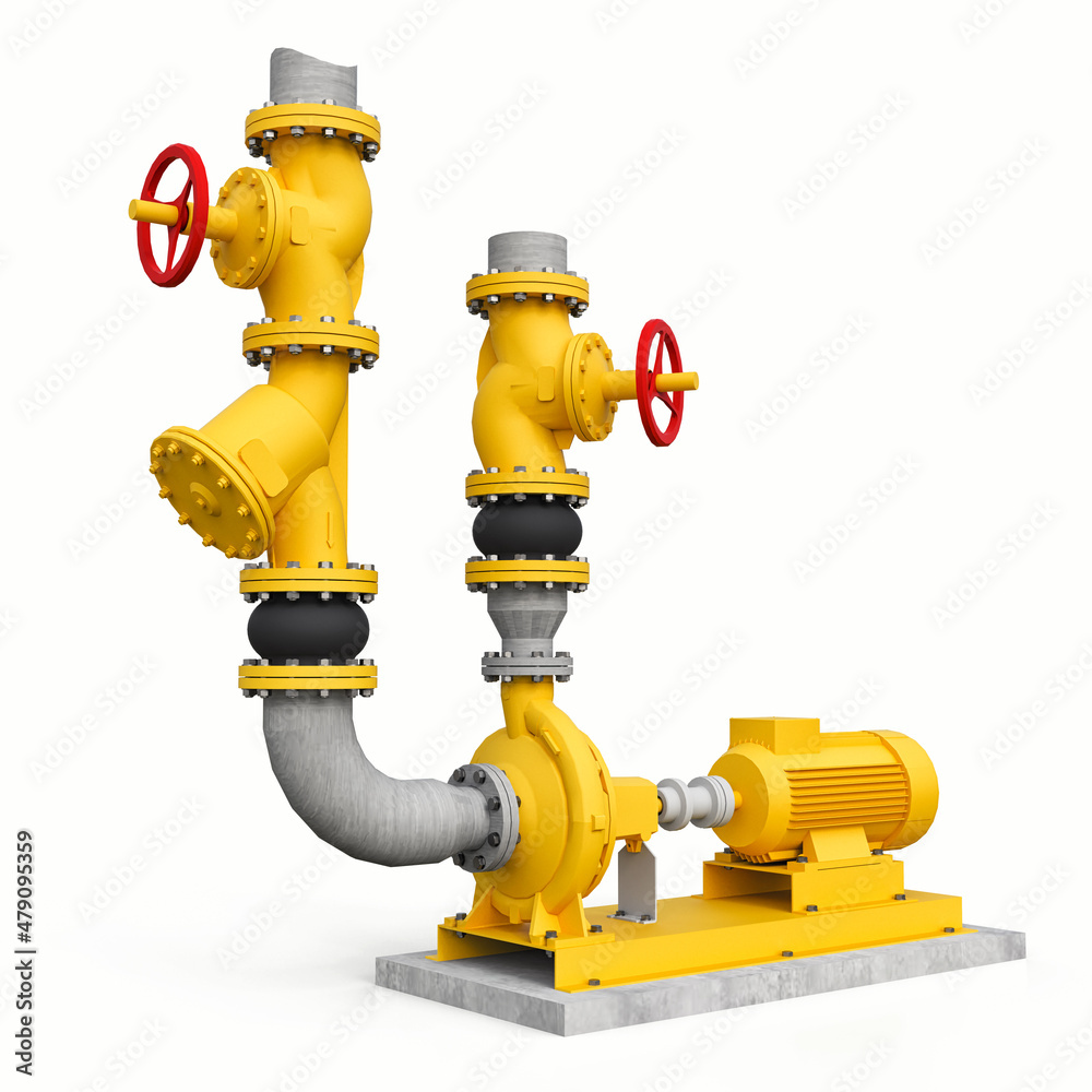 Yellow 3d model of an industrial pump and pipe section with shut off valves on a white isolated background. 3d illustration. Yellow 3d model of an industrial pump and pipe section with shut off valves on a white isolated background. 3d illustration.