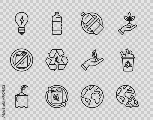 Canvas Print Set line Sprout in bottle, Planet earth and a recycling, No plastic, Bio fuel canister, Light bulb with lightning symbol, Recycle leaf, Earth globe and bin recycle icon