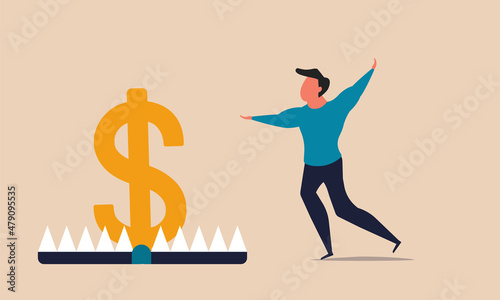 Trap bait money and risk tax dollar. Man run for temptation and incentive treasure vector illustration concept. Business budget investor loan problem finance and lure wealth people fraud