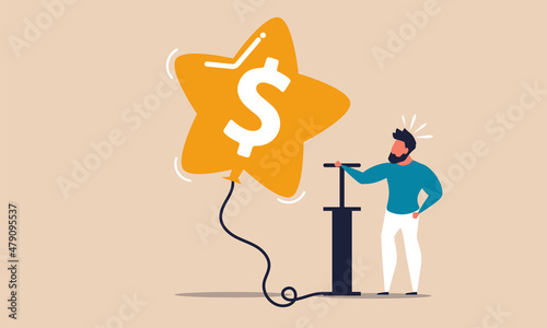 Stock market money and economic dollar investor. Man inflates a balloon with a pump boom. Speculation and recovery business earning vector illustration concept. Success word for wealth and growth.