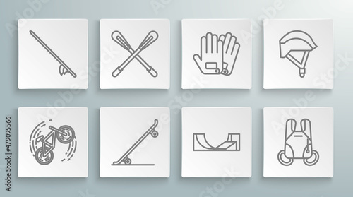 Set line Bicycle trick, Crossed paddle, Skateboard, park, Parachute, Gloves, helmet and Surfboard icon. Vector