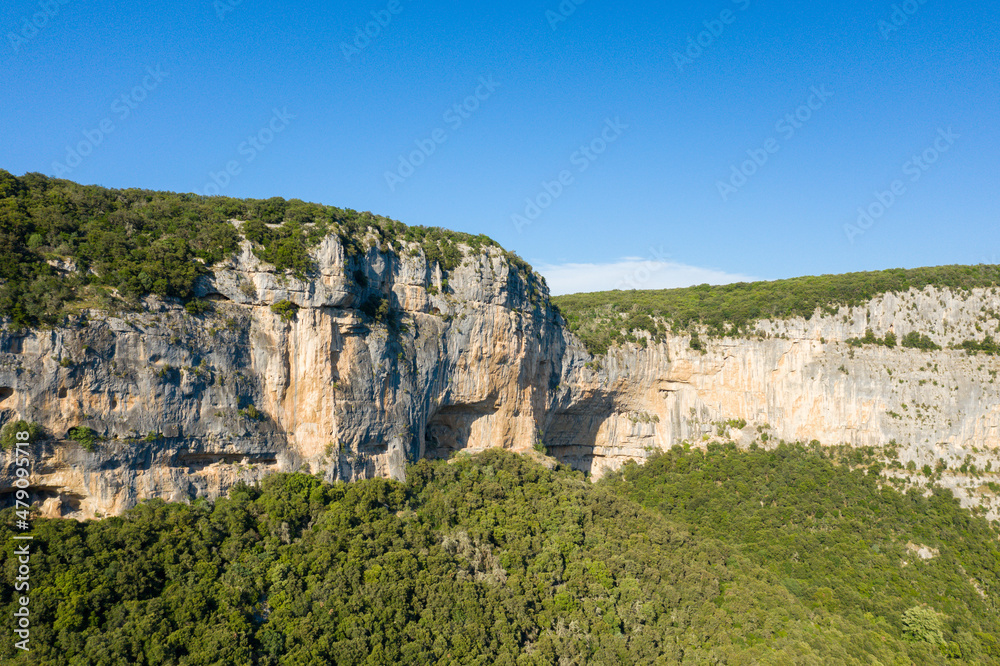 The rocks and forests of the Gorges de lArdeche in Europe, France, Ardeche, in summer, on a sunny day.