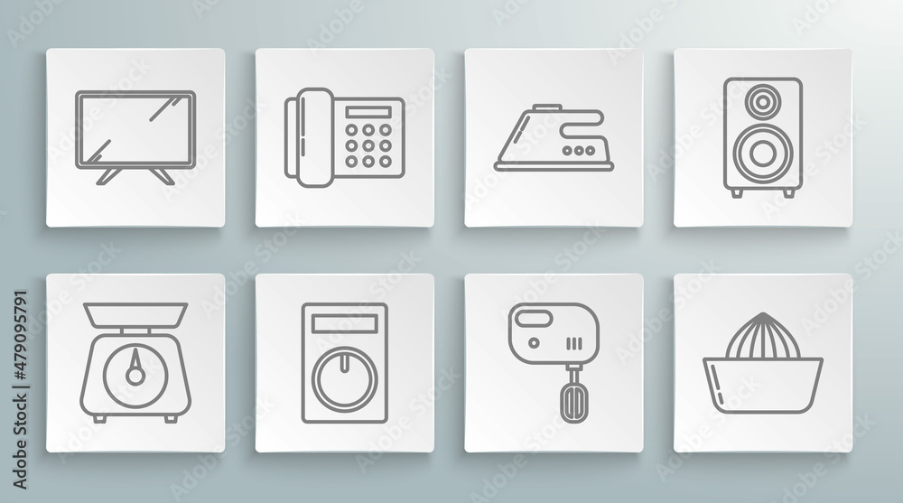 Set line Scales, Telephone, Remote control, Electric mixer, Citrus fruit juicer, iron, Stereo speaker and Smart Tv icon. Vector Set line Scales, Telephone, Remote control, Electric mixer, Citrus fruit juicer, iron, Stereo speaker and Smart Tv icon. Vector