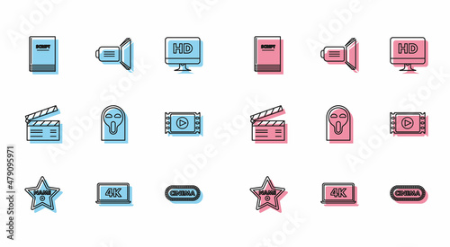 Set line Hollywood walk of fame star on celebrity boulevard, Scenario, Cinema poster design template, Funny and scary ghost mask, Play Video, Movie clapper and spotlight icon. Vector