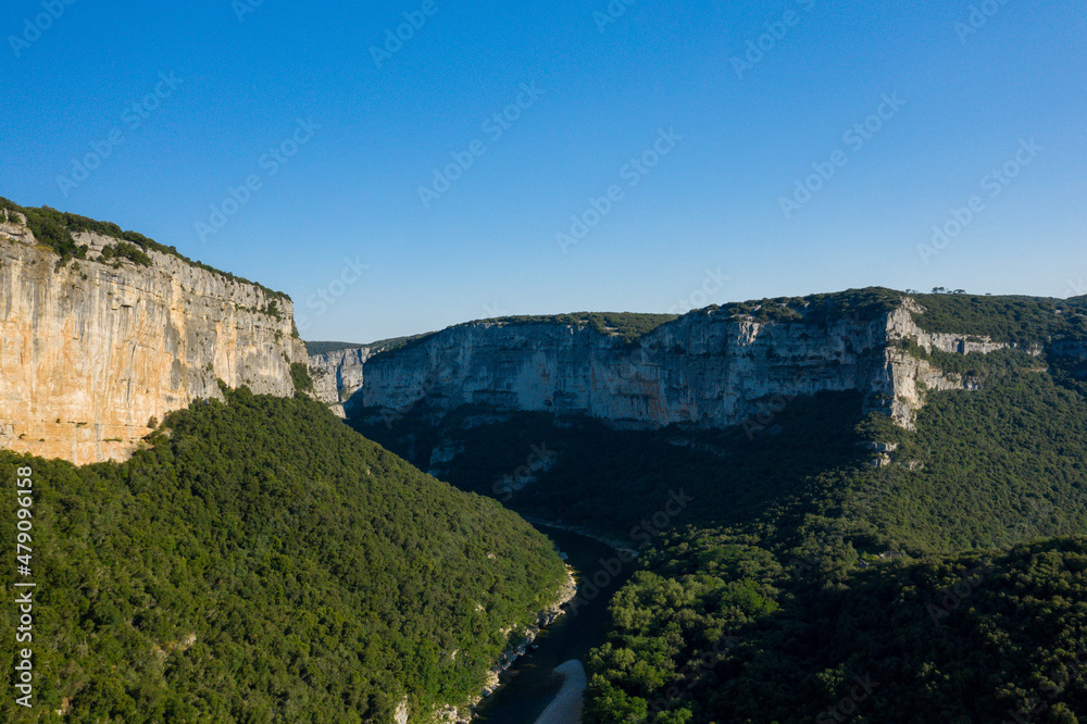 The panorama of the Gorges de lArdeche in Europe, France, Ardeche, in summer, on a sunny day.